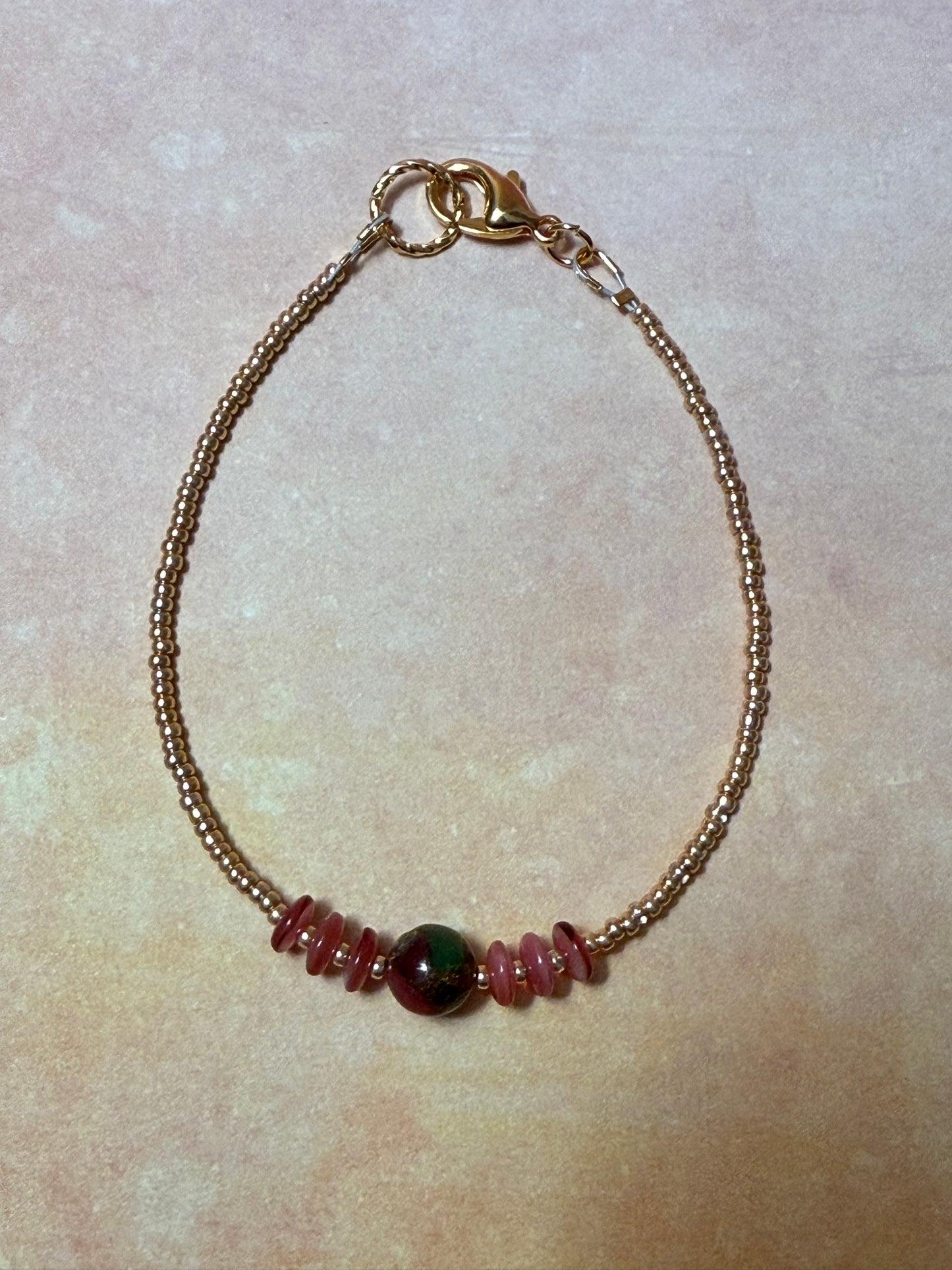 Cranberry Czech Glass and Green, Red and Gold Gemstone Bracelet and Earrings Set