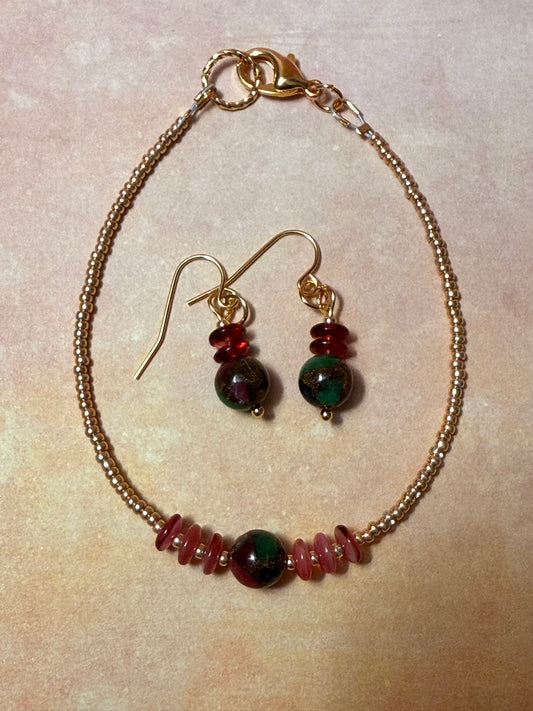 Cranberry Czech Glass and Green, Red and Gold Gemstone Bracelet and Earrings Set