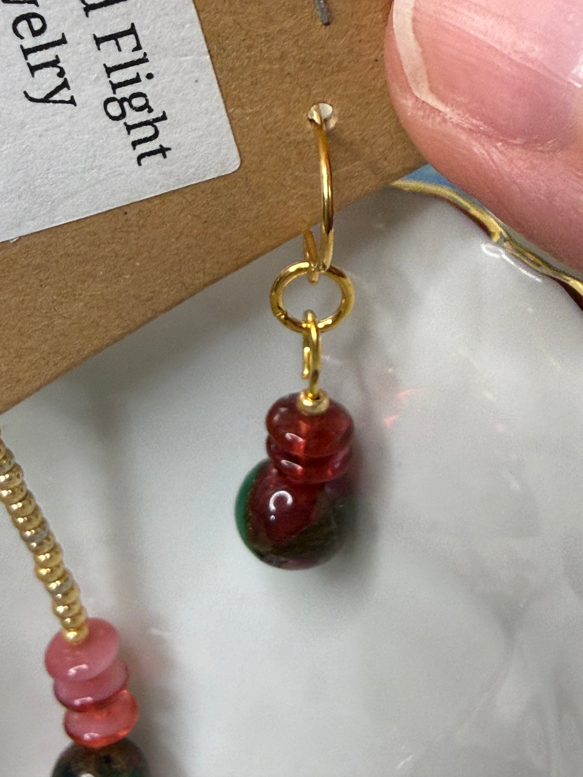 Cranberry Czech Glass and Green, Red and Gold Gemstone Bracelet and Earrings Set
