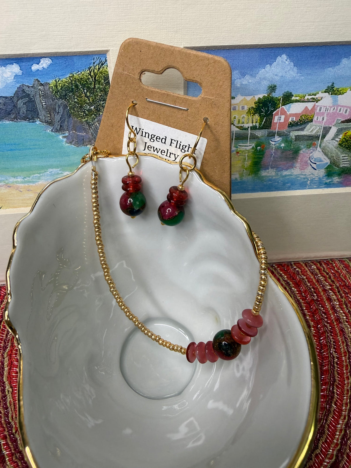 Cranberry Czech Glass and Green, Red and Gold Gemstone Bracelet and Earrings Set