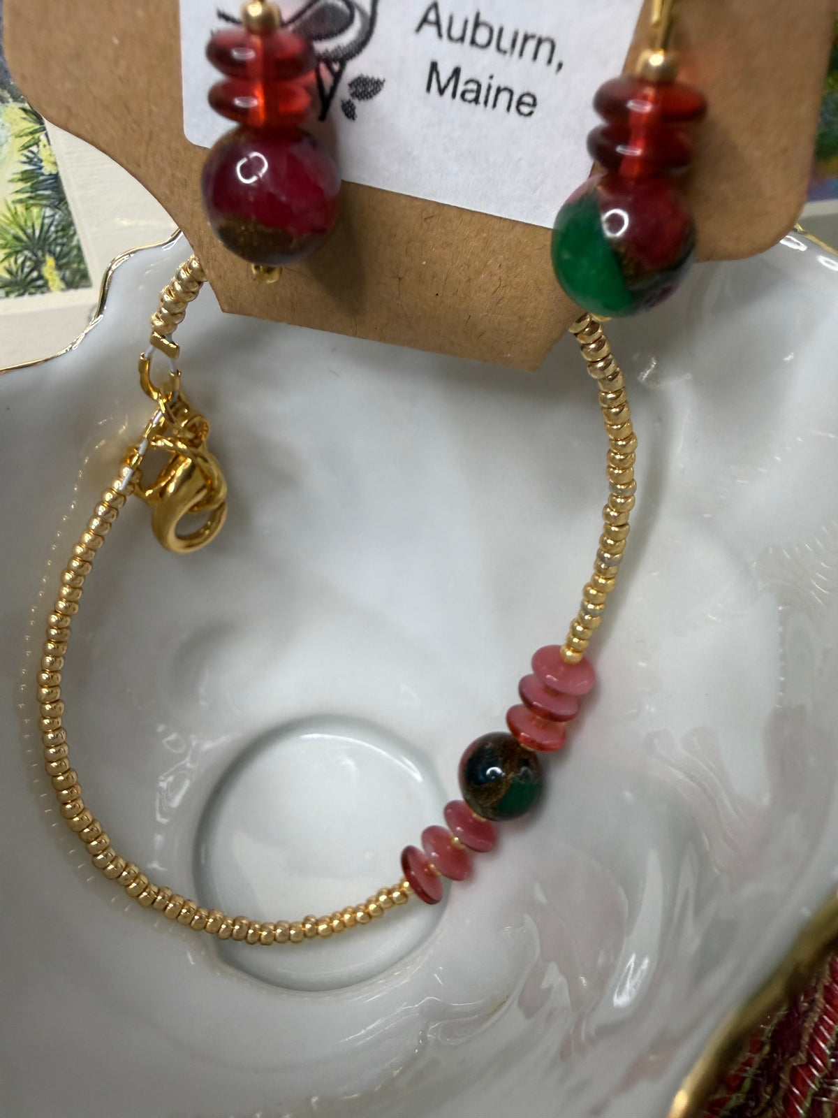 Cranberry Czech Glass and Green, Red and Gold Gemstone Bracelet and Earrings Set
