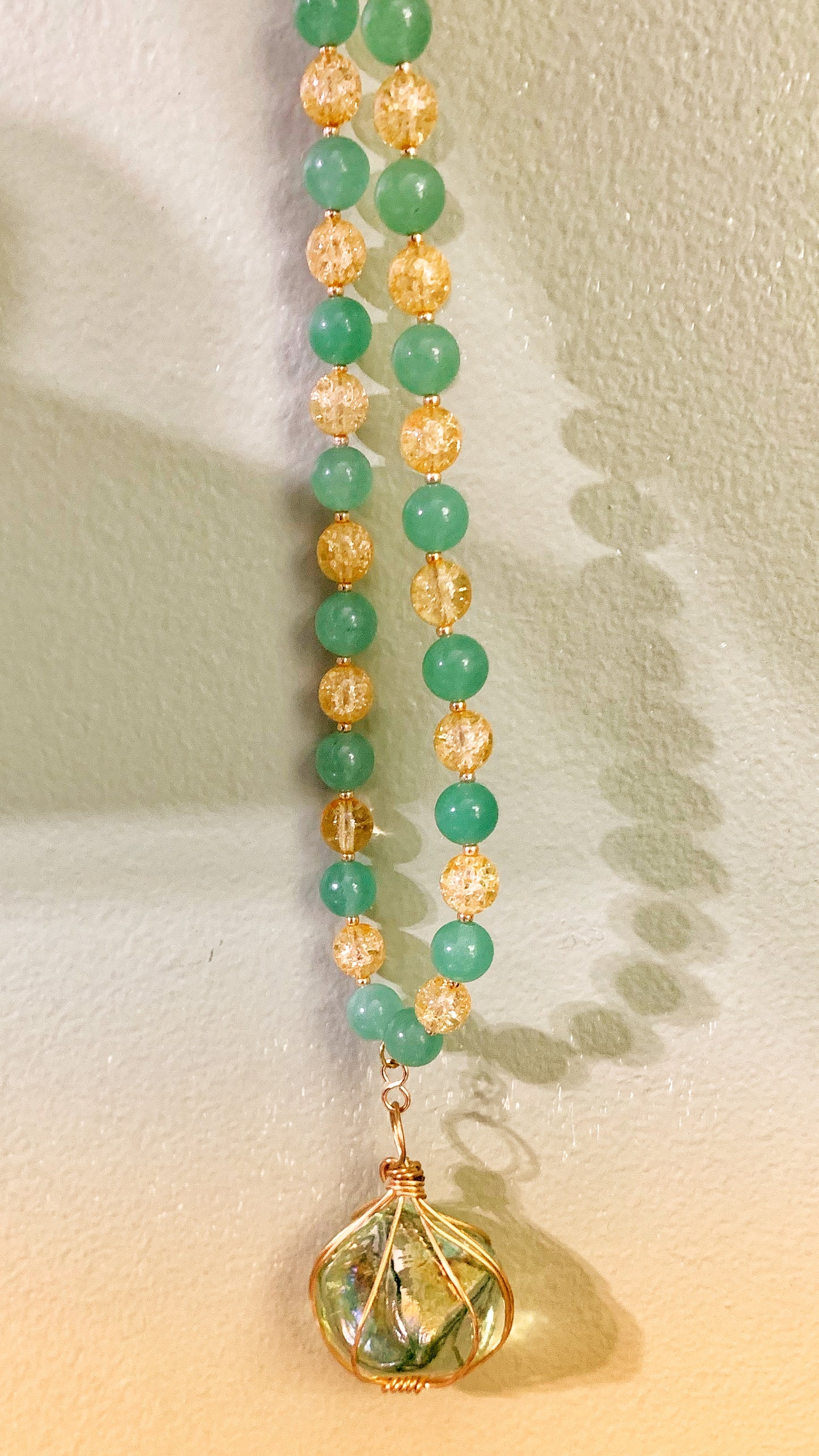 Green Agate and Gold Czech Glass Necklace with Vintage Green Pendant