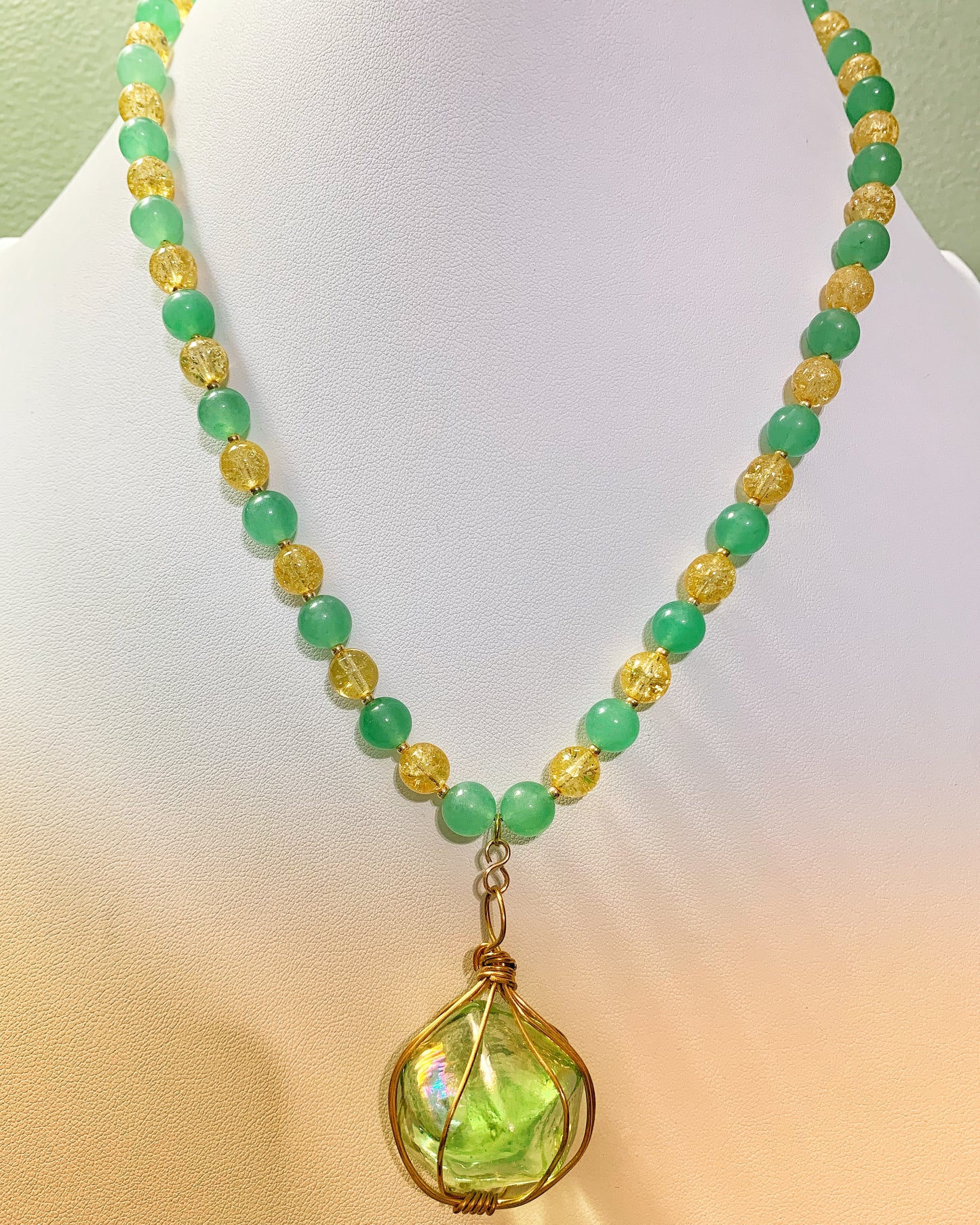 Green Agate and Gold Czech Glass Necklace with Vintage Green Pendant