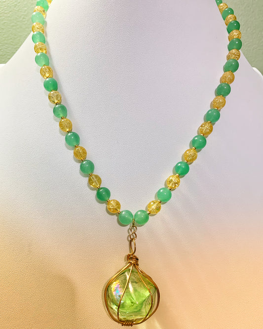 Green Agate and Gold Czech Glass Necklace with Vintage Green Pendant