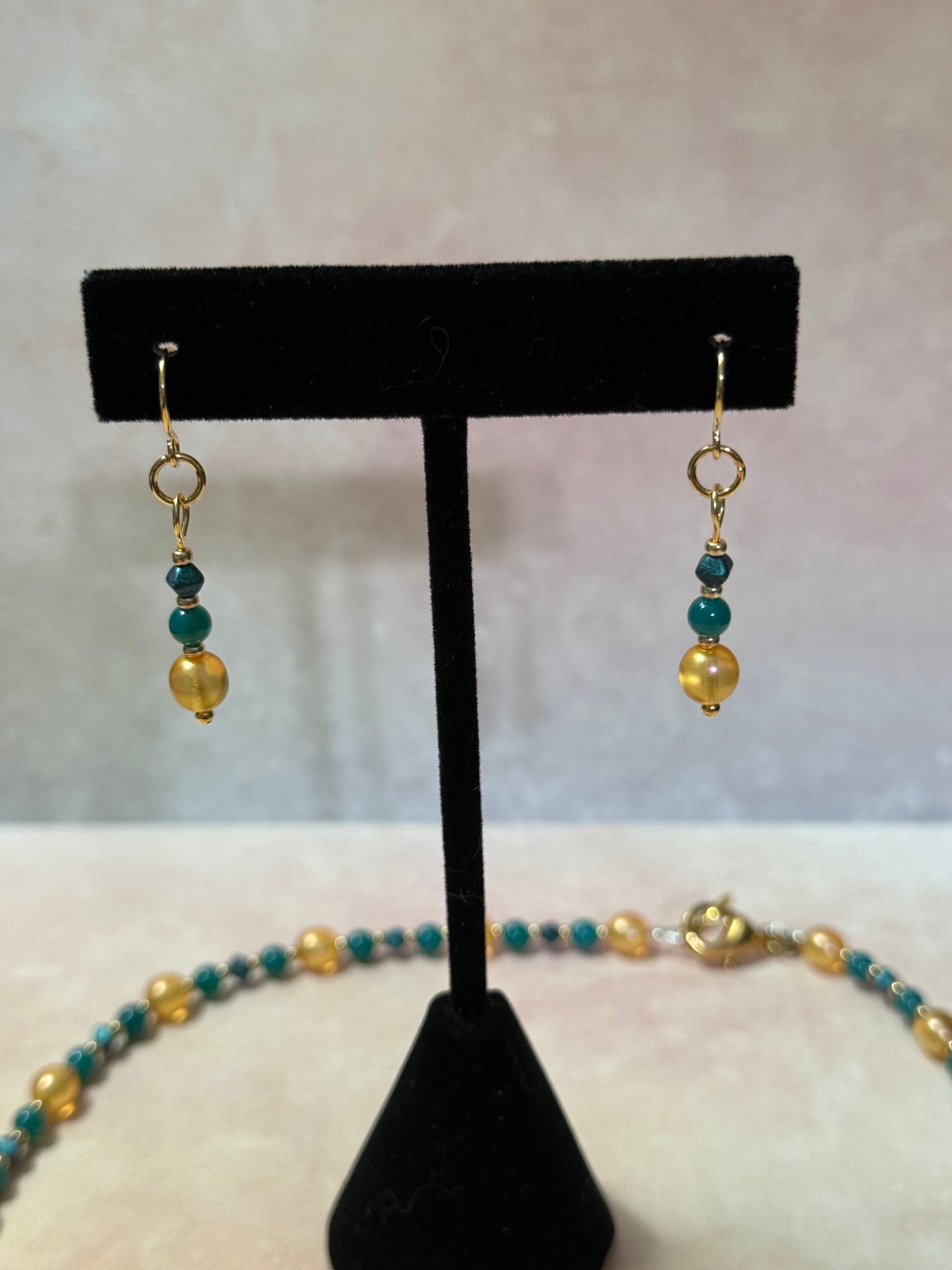 Green and Gold Czech Glass Dainty Necklace/Wrap-Around Bracelet and Earrings Set