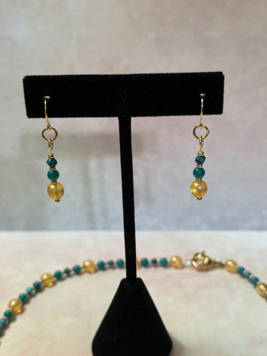 Green and Gold Czech Glass Dainty Necklace/Wrap-Around Bracelet and Earrings Set