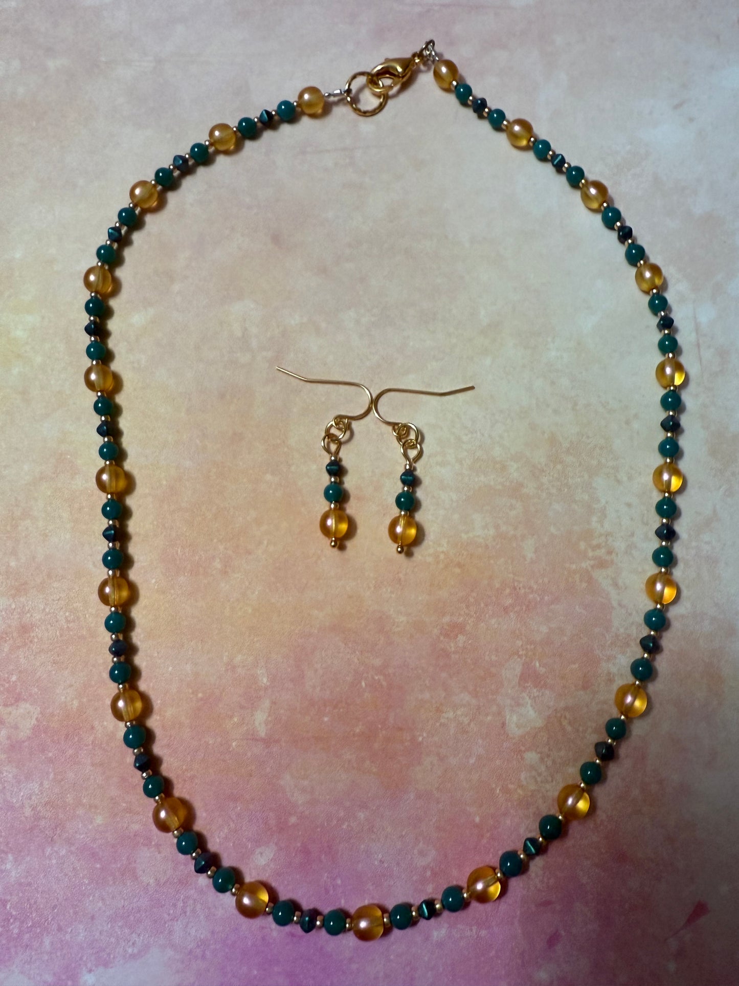 Green and Gold Czech Glass Dainty Necklace/Wrap-Around Bracelet and Earrings Set