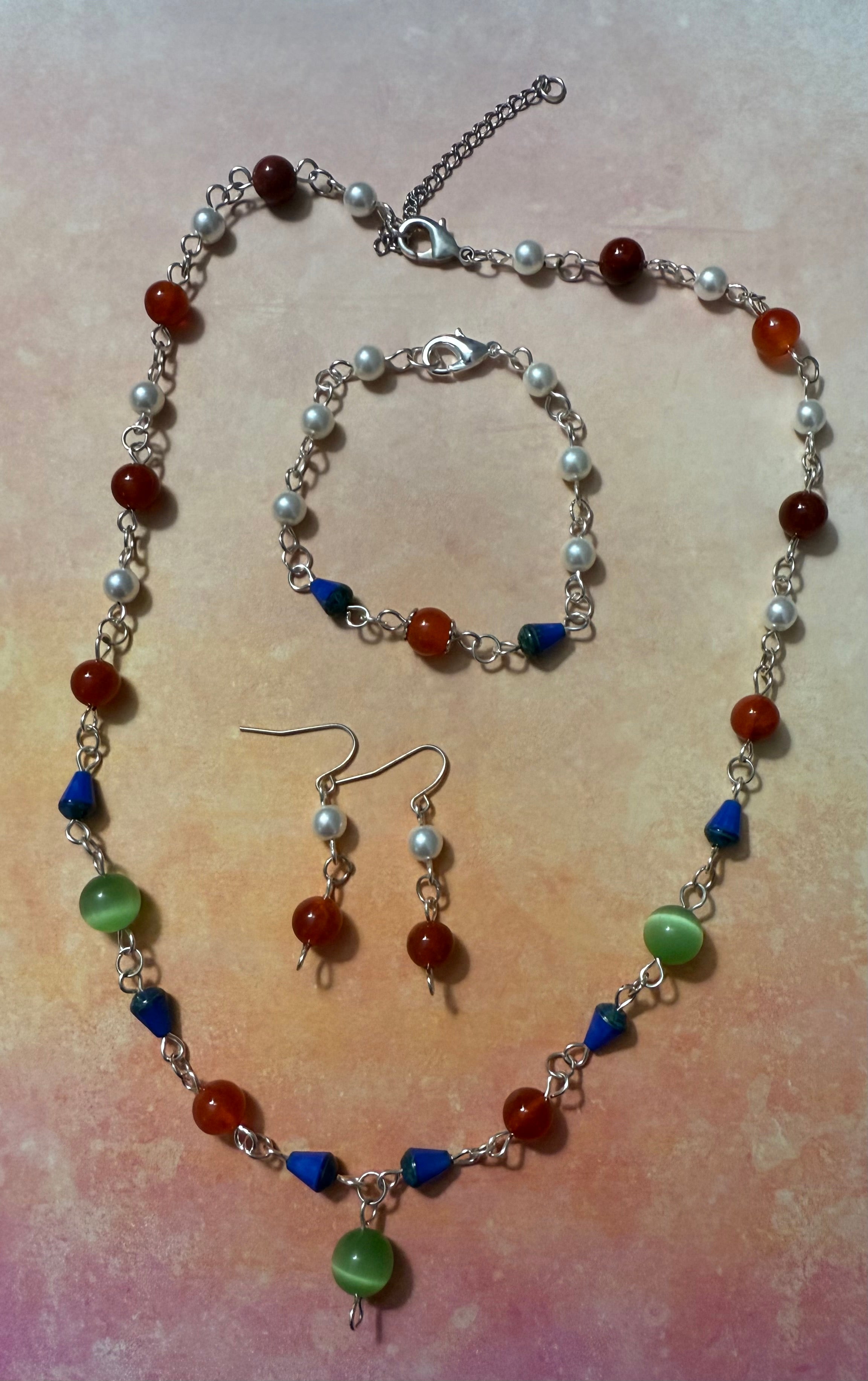 Czech Glass Multicolored Bead Link Necklace, Bracelet and Earrings Set