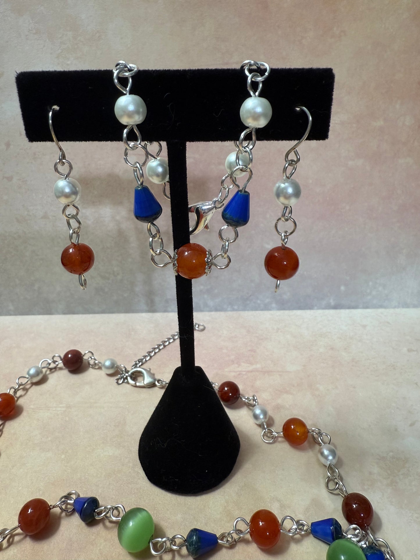 Czech Glass Multicolored Bead Link Necklace, Bracelet and Earrings Set