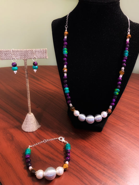 Mardi Gras Inspired Necklace, Bracelet and Earrings Set