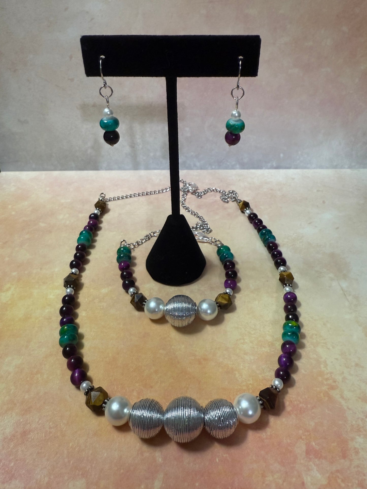 Mardi Gras Inspired Necklace, Bracelet and Earrings Set