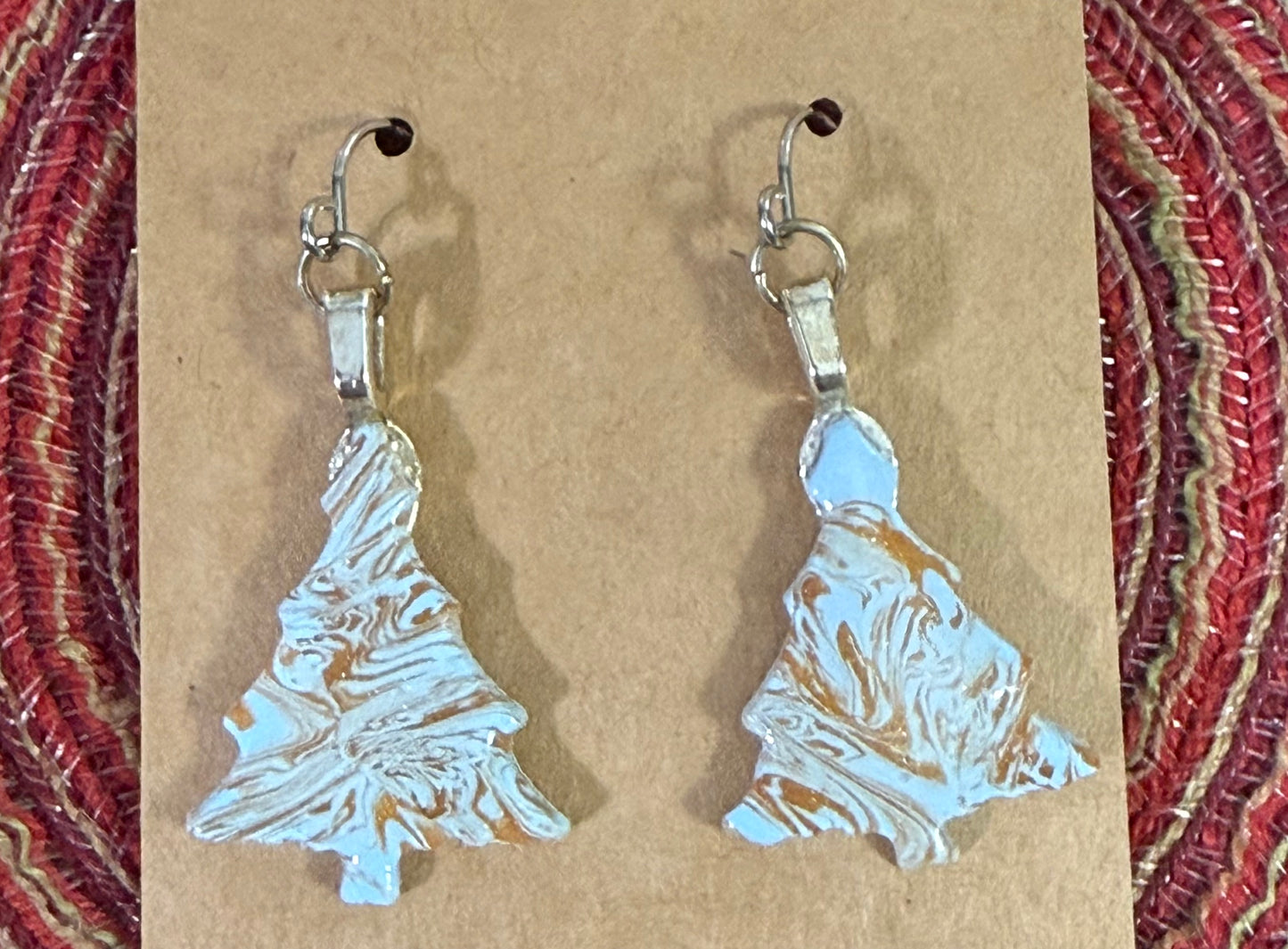 Polymer Clay Baby Blue and Gold Swirled Tree Earrings
