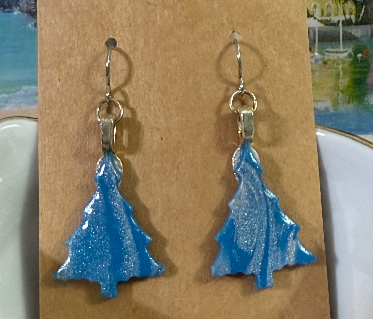 Polymer Clay Blue and Silver Swirled Tree Earrings