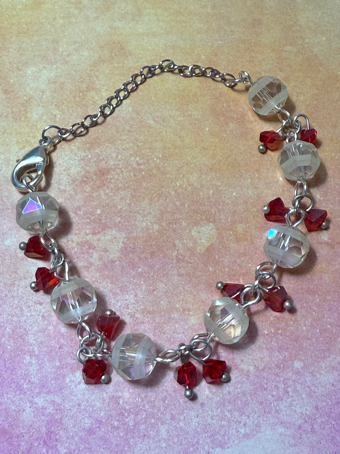 White with Red Clusters Glass Bead Bracelet and Earrings Set