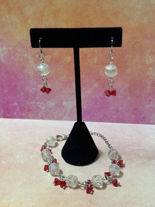 White with Red Clusters Glass Bead Bracelet and Earrings Set